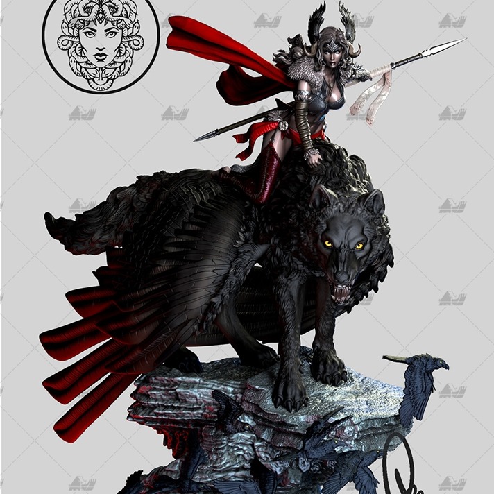 恶狼女战神 3D打印模型stl数据文件白胚人物手办